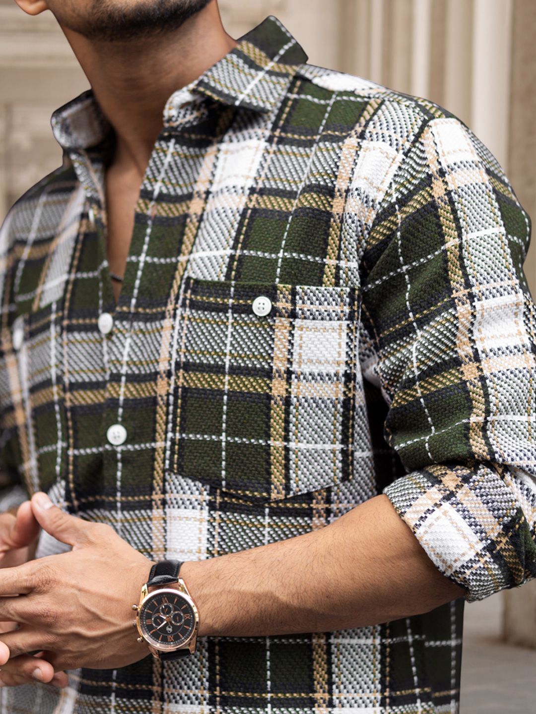 Men Spread Collar Tartan Checked Casual Shirt - Image 2