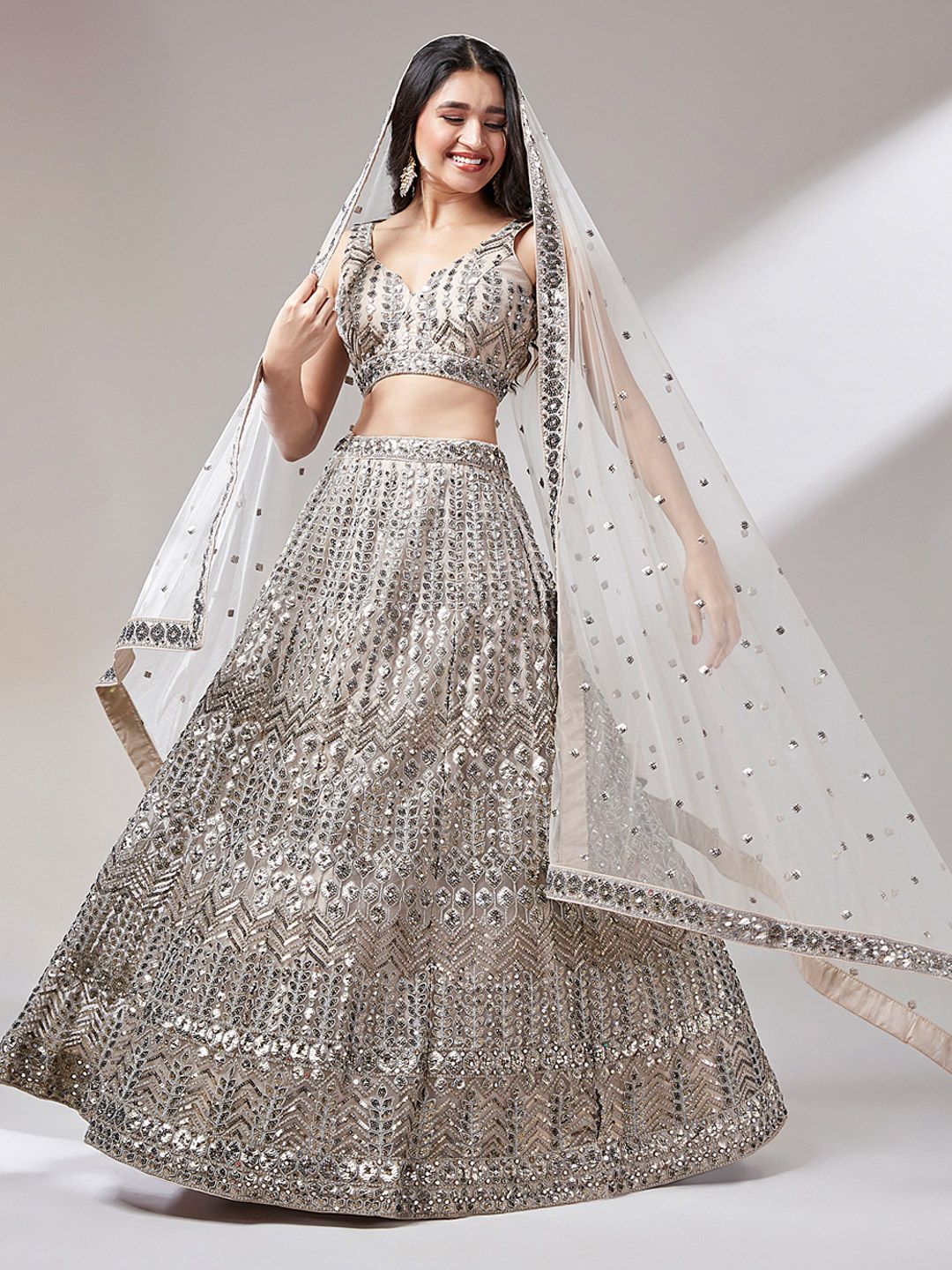 panchhi Beige Embroidered Shoulder Straps Lehenga & Unstitched Blouse With Dupatta - Image 3