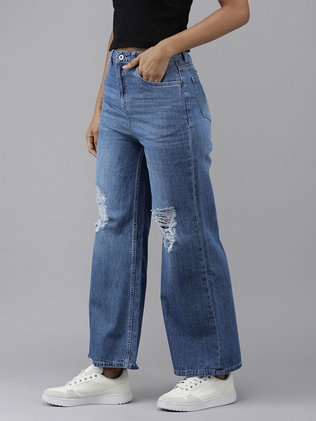 Roadster Women Blue Wide Leg Heavy Fade Stretchable Casual Jeans