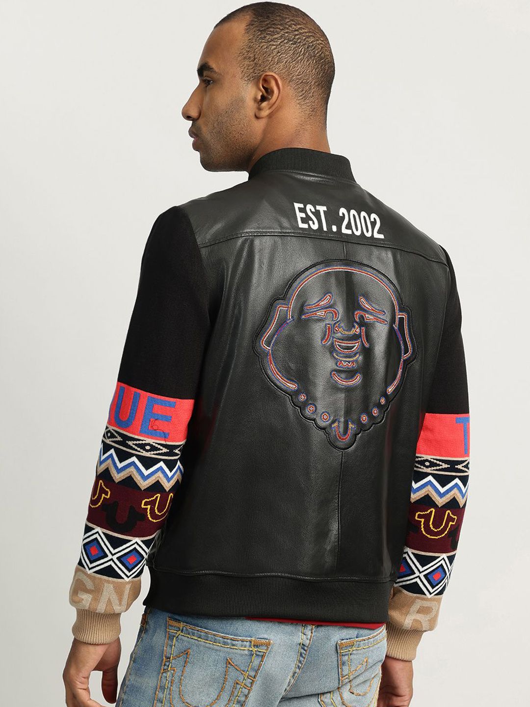 Men Stand Collar Graphic Printed Leather Casual Leather Jacket - Image 4