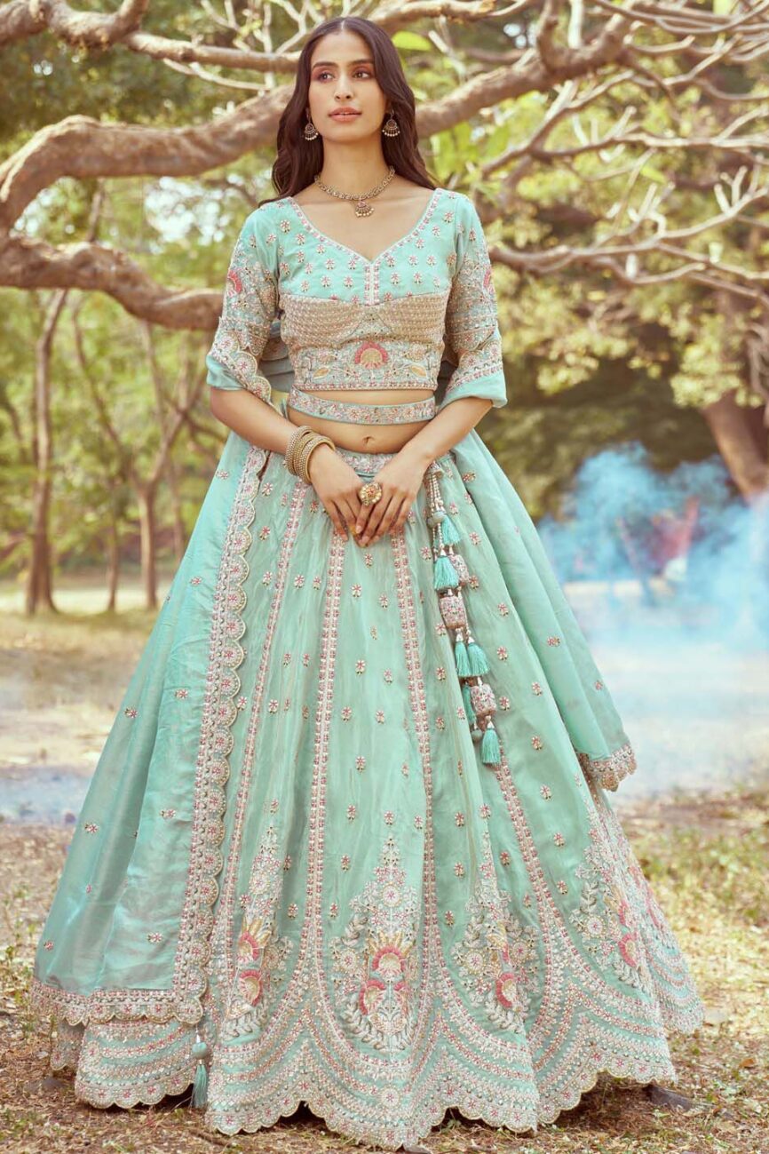 panchhi Embellished Tissue Semi-Stitched Lehenga & Unstitched Blouse With Dupatta