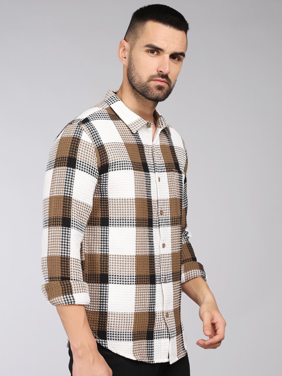 Tartan Checks Spread Collar Long Sleeves Slim Fit Cotton Casual Shirt - Image 3