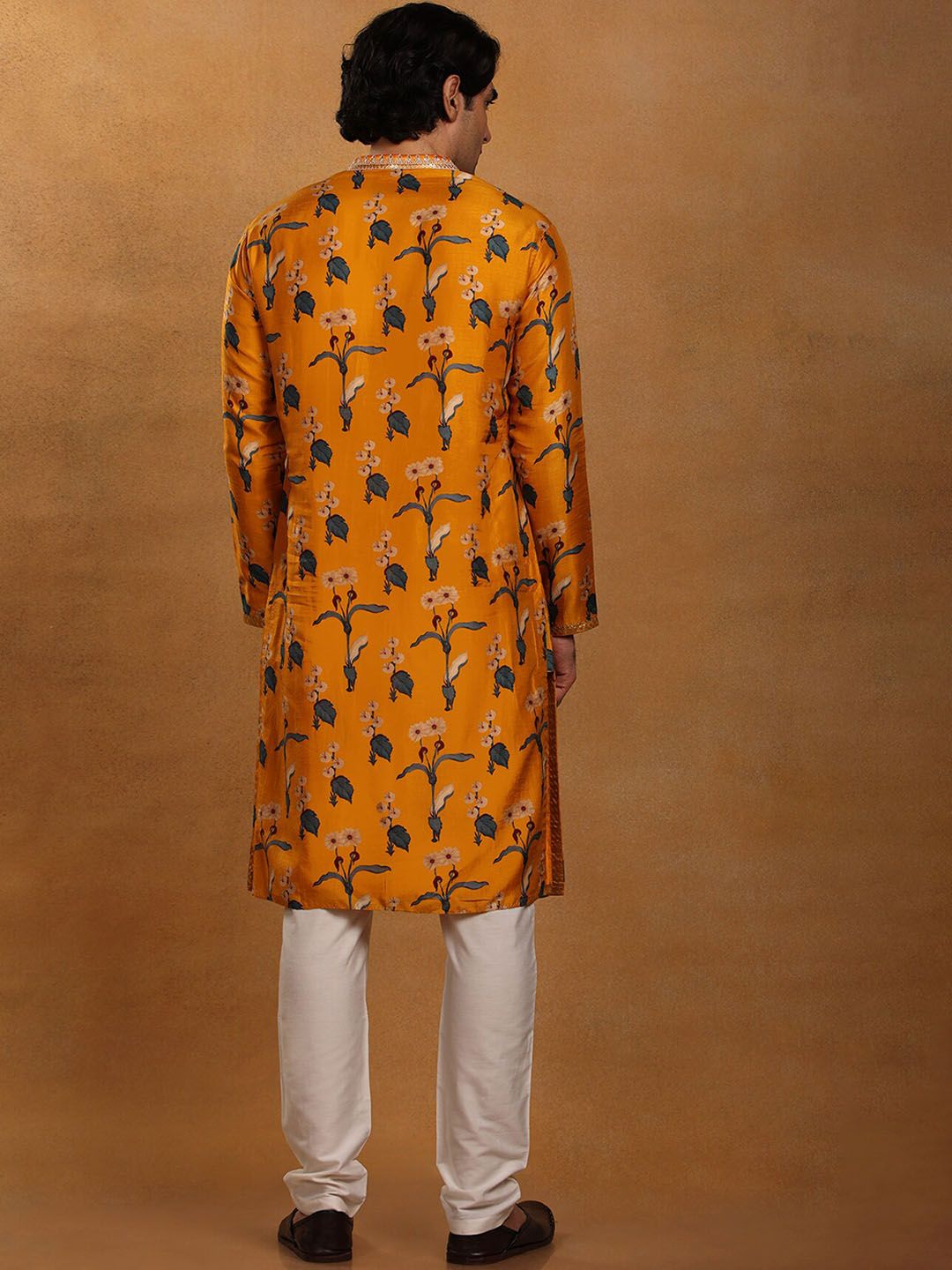 Mandarin Collar Floral Printed Straight Fit Raw Silk Kurta - Image 4