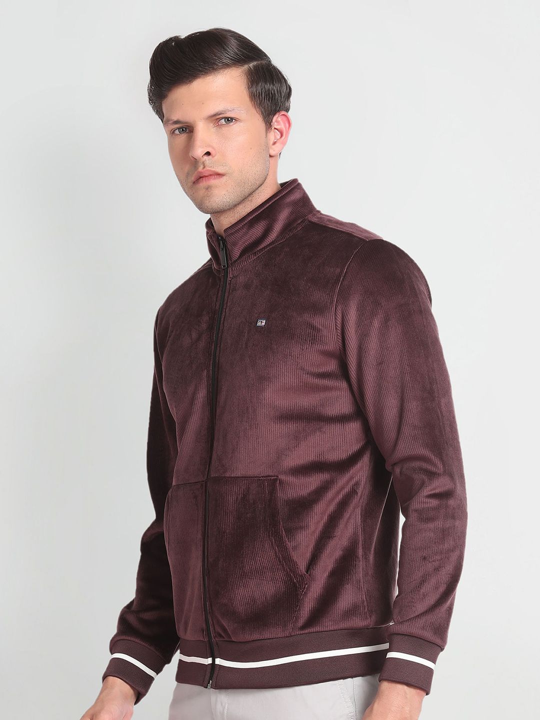 Striped Mock Collar Long Sleeve Zip Detail Bomber Jacket - Image 3