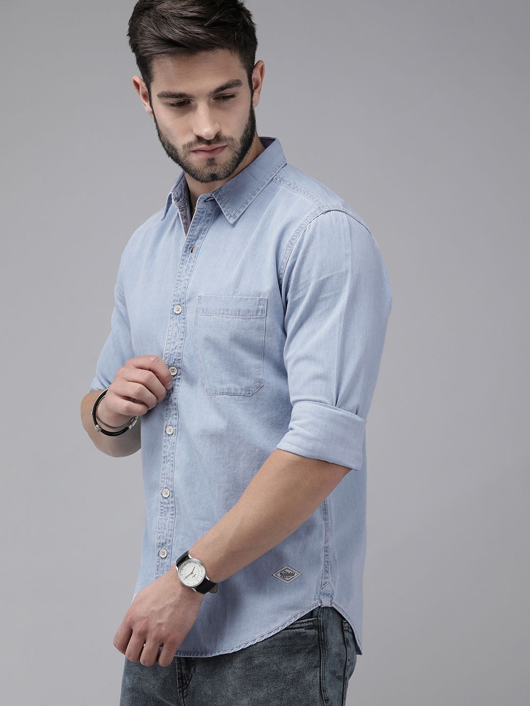 The Lifestyle Co Men Light Blue Solid Regular Fit Chambray Casual Shirt