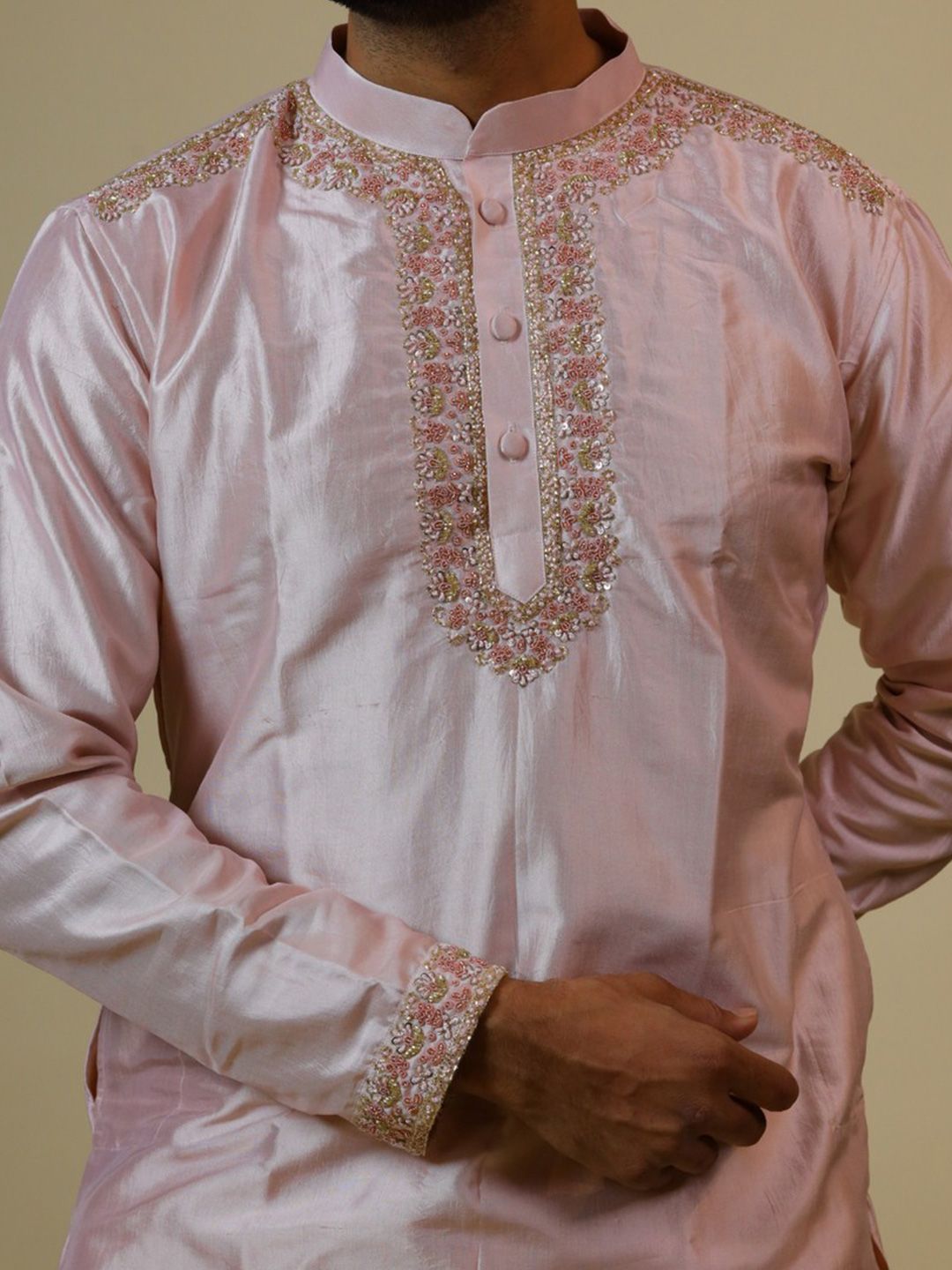 HILO DESIGN Floral Yoke Design Thread Work Mandarin Collar Pure Sillk Straight Kurta - Image 2