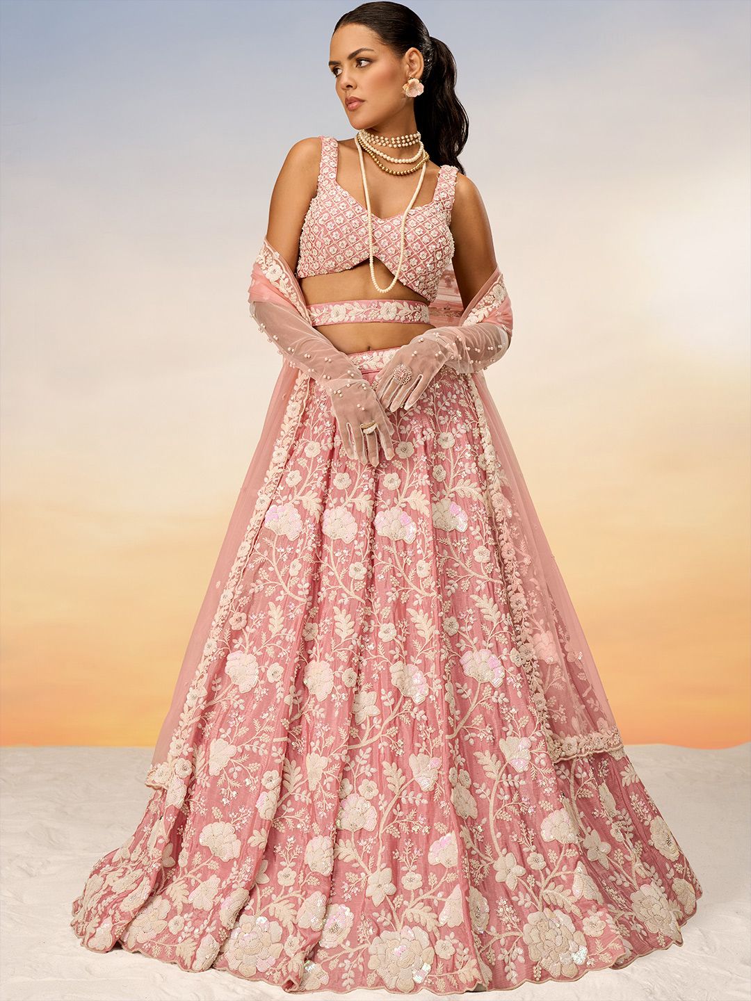 Embroidered Sequinned Semi-Stitched Lehenga & Unstitched Blouse With Dupatta