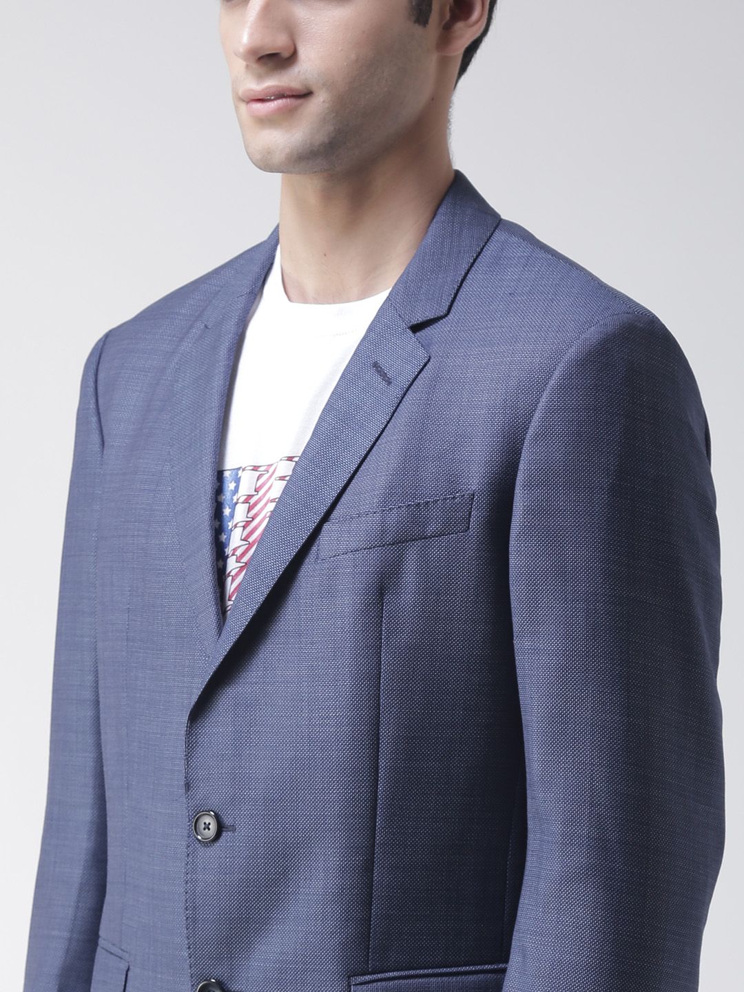 Men Blue Textured Single-Breasted Woollen Casual Blazer - Image 2