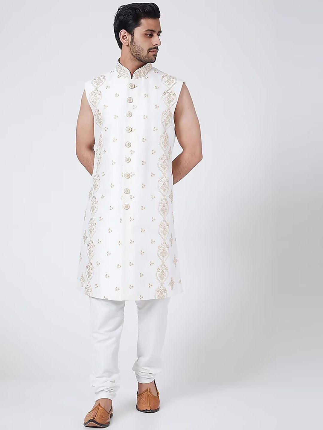 Embroidered Mandarin Collar Pure Silk Sherwani Set