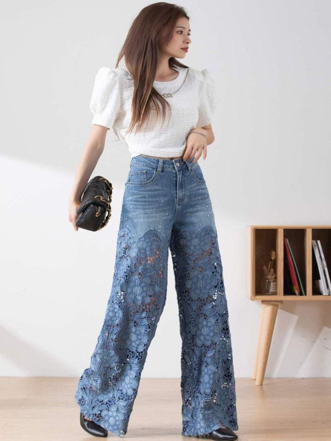 Women Mid-Rise Floral Lace Applique Wide-Leg Jeans - Image 3