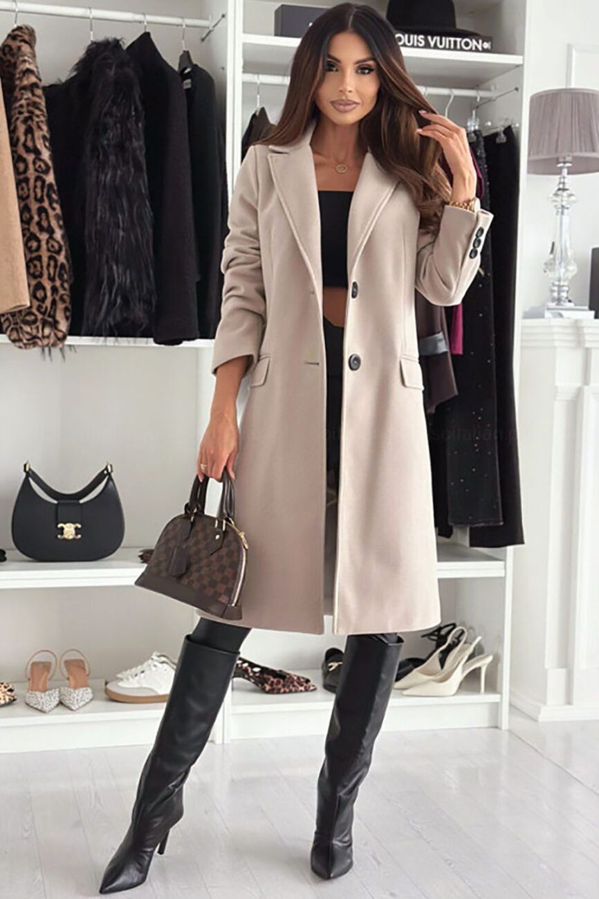 Women Solid Notched Lapel Overcoat