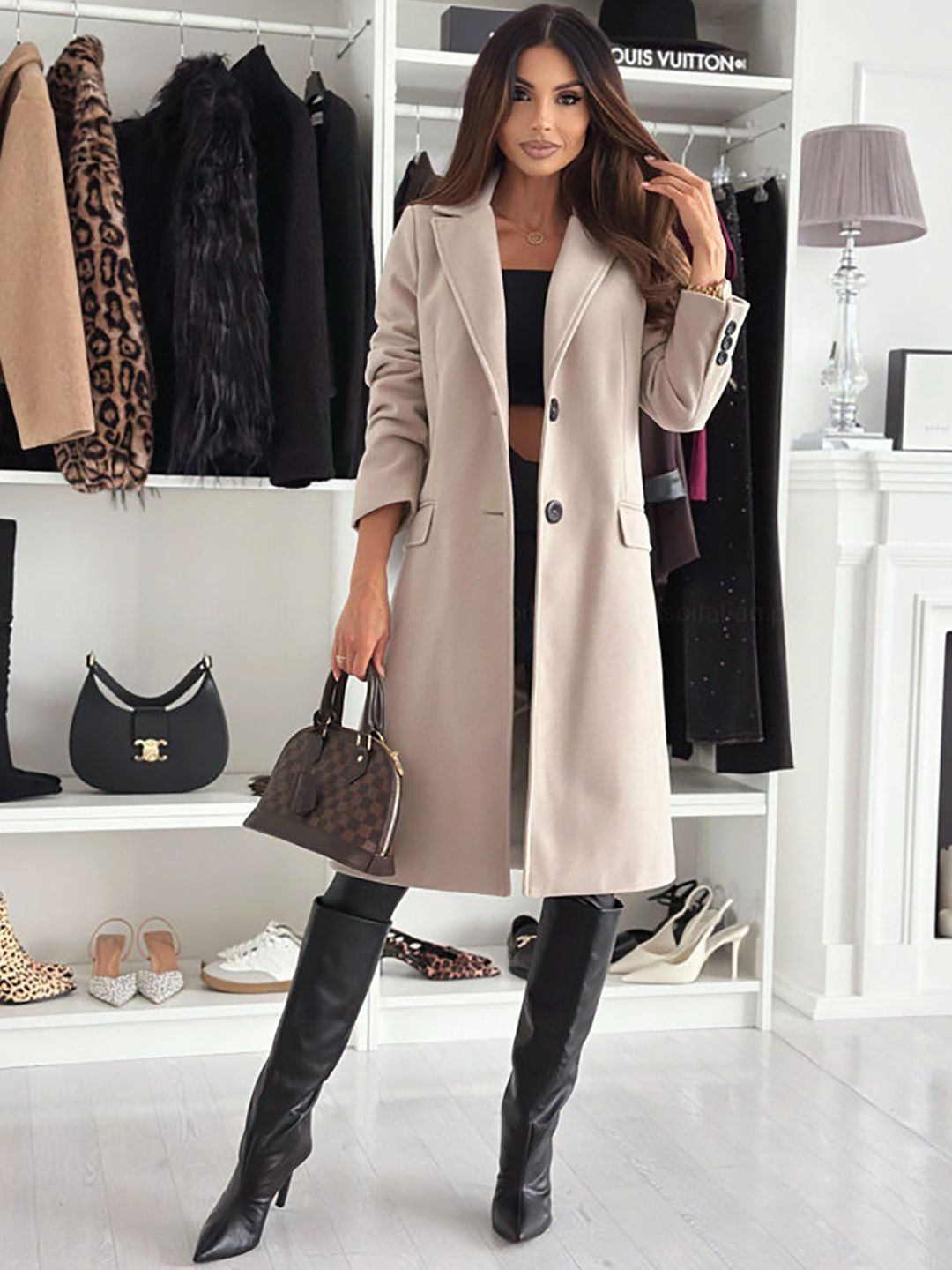 Women Solid Notched Lapel Overcoat