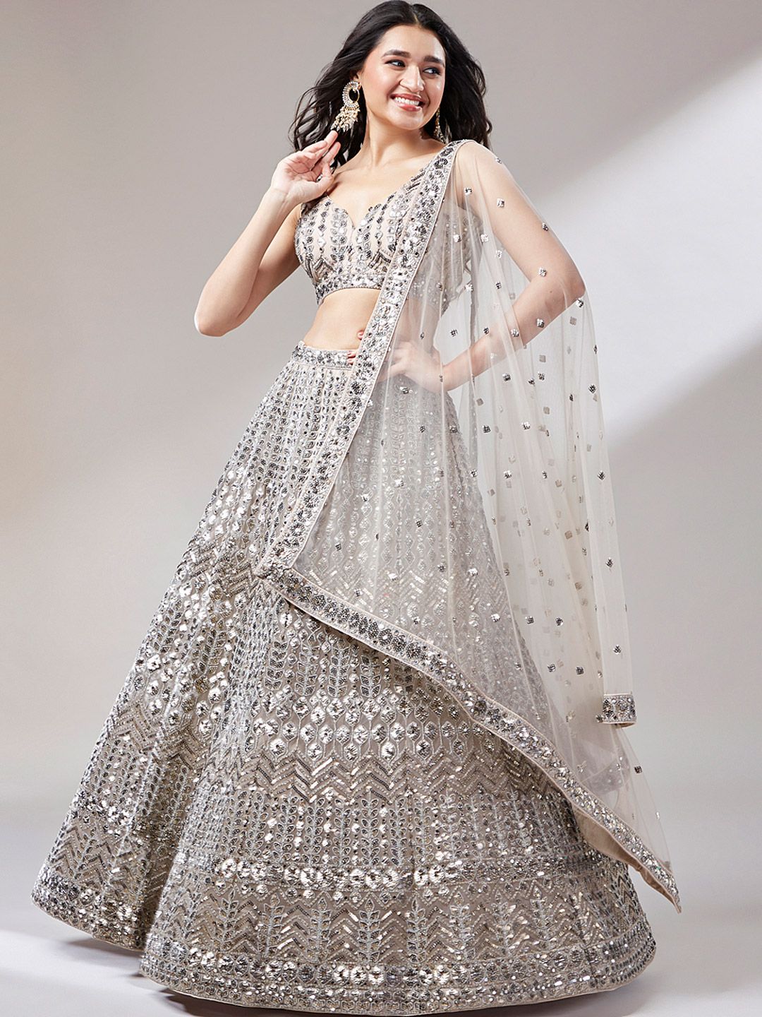 panchhi Beige Embroidered Shoulder Straps Lehenga & Unstitched Blouse With Dupatta