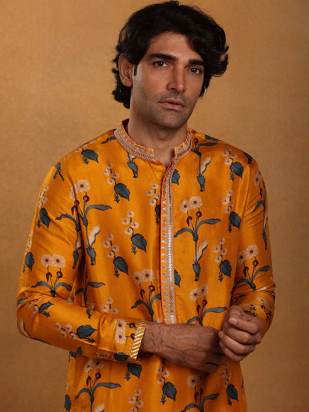 Mandarin Collar Floral Printed Straight Fit Raw Silk Kurta - Image 2
