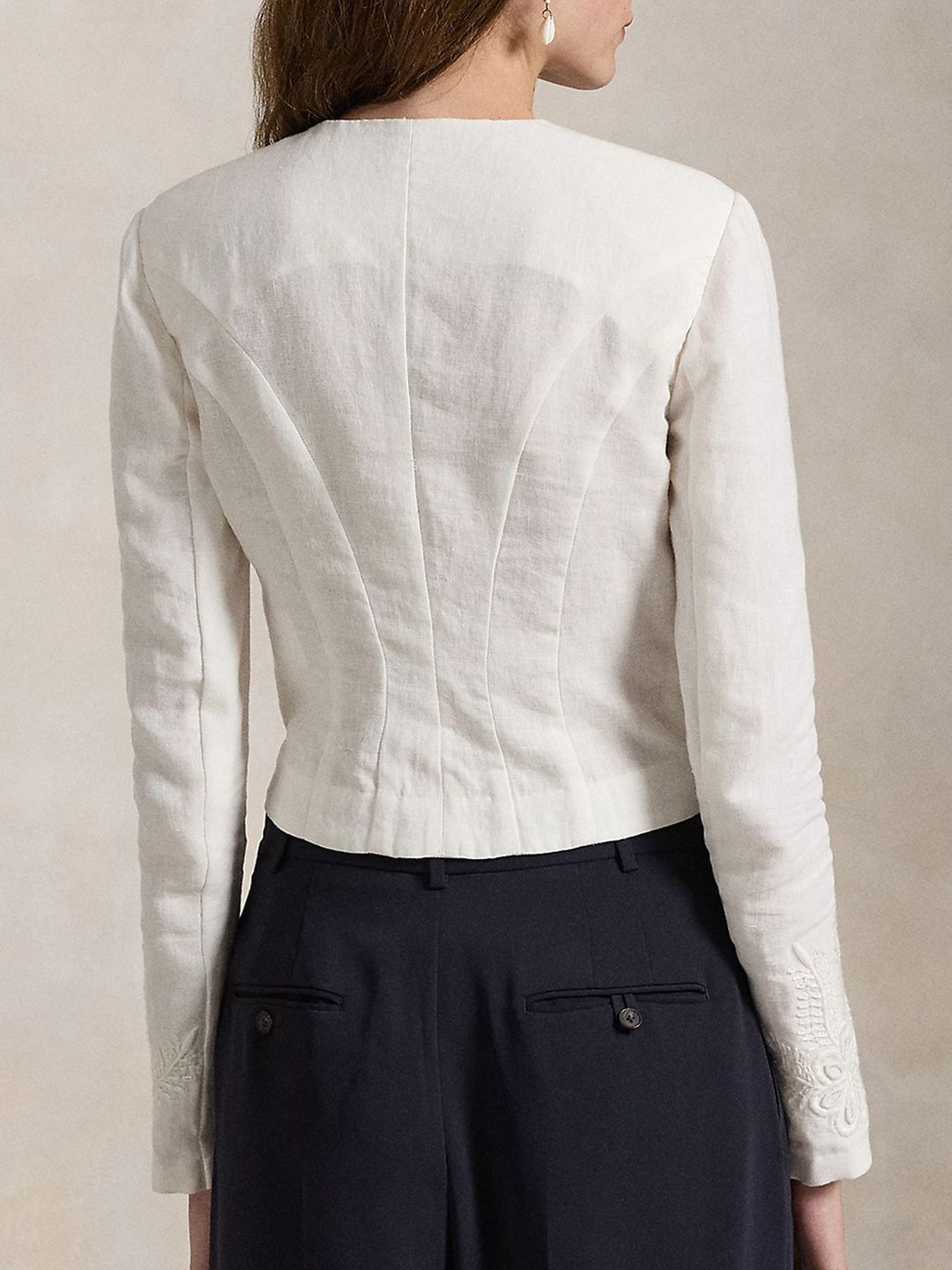 Women Collarless Floral Embroidered Linen Casual Tailored Jacket - Image 3