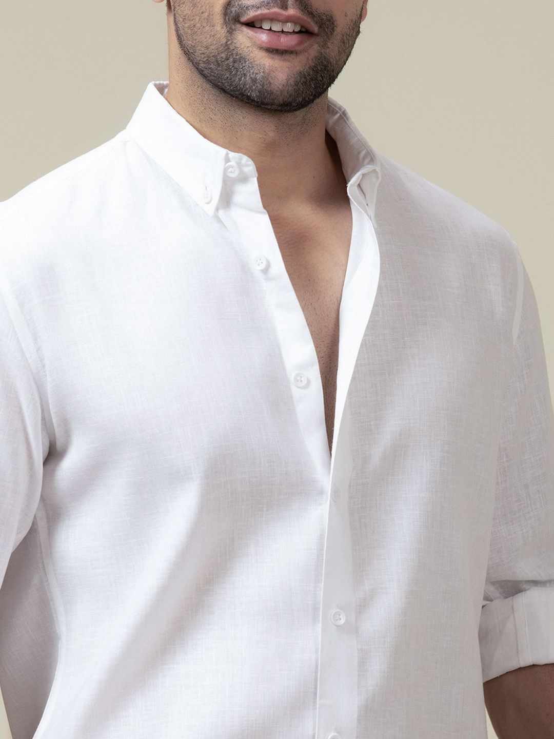 Perch Men White Linen Cotton Button Down Solid Shirt - Image 2