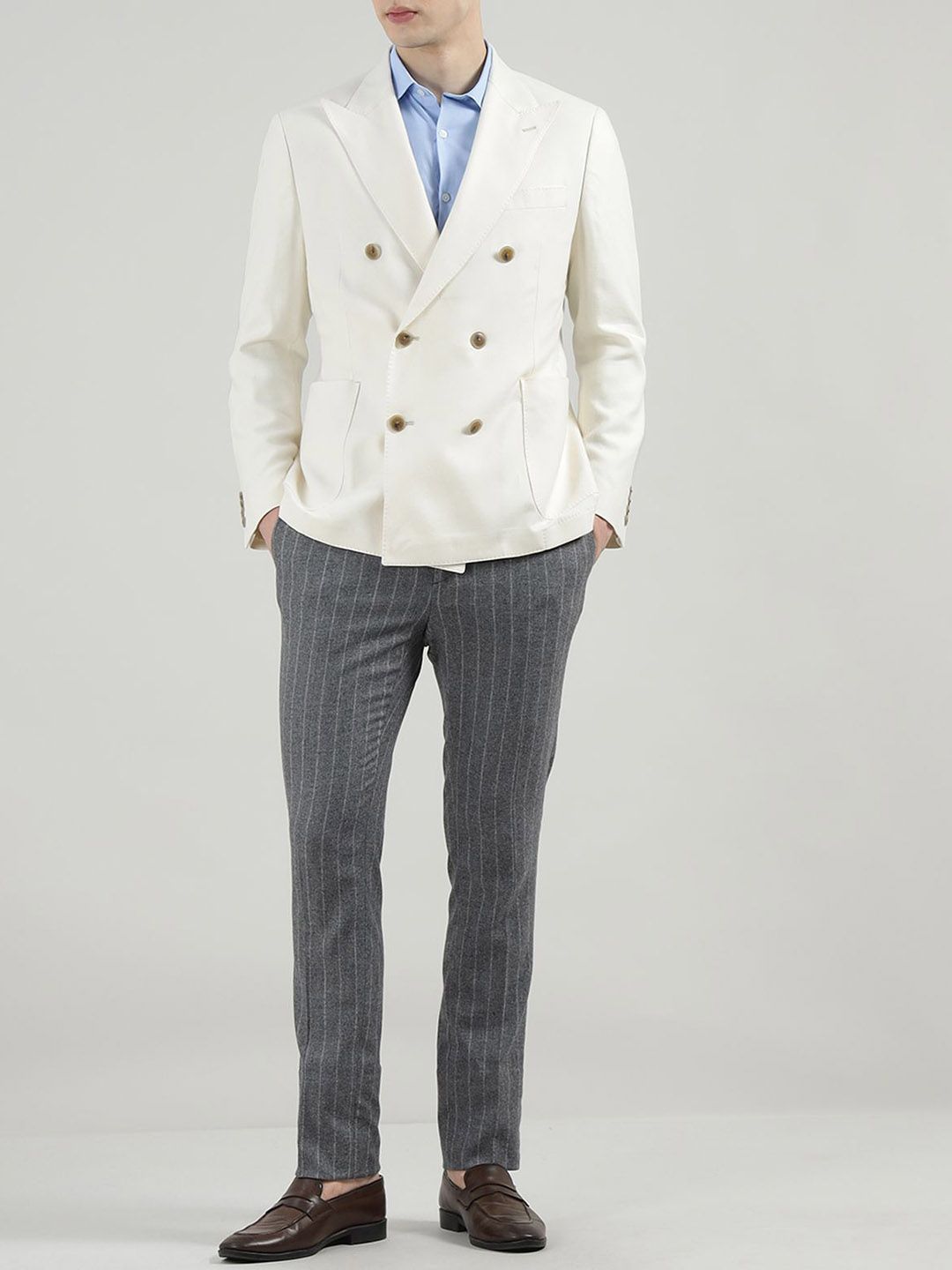 Notched Lapel Structured Shoulder Slim-Fit Double Breasted Cotton Blazers