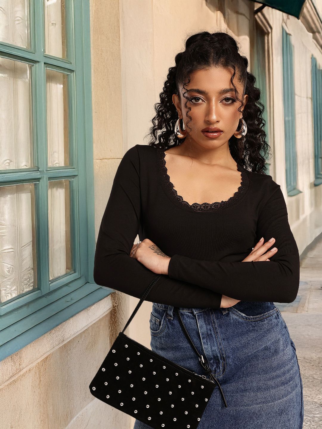 Lace Insert Scoop Neck Fitted Top