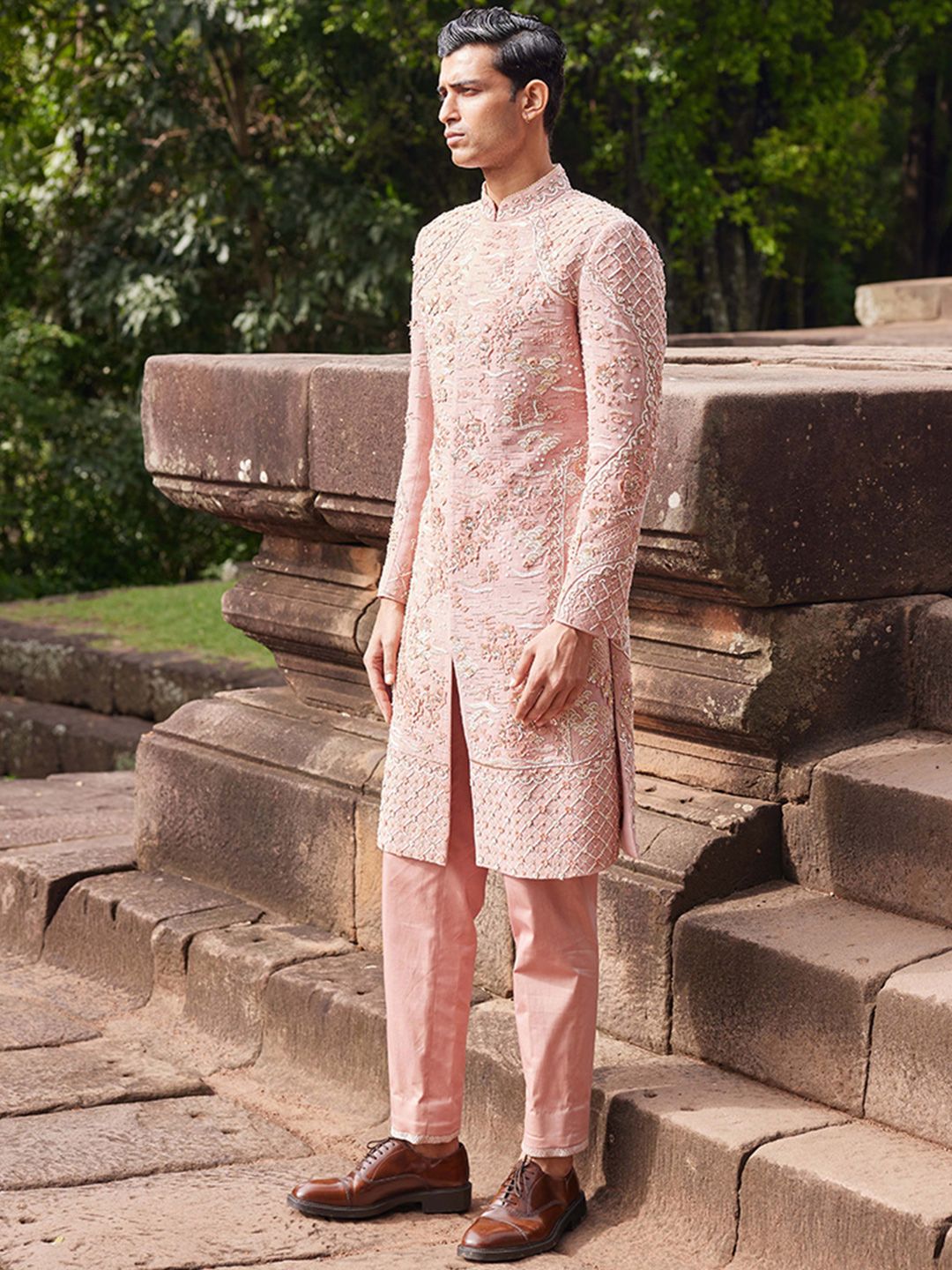 Men Embroidered Band Collar Sherwani Set - Image 2