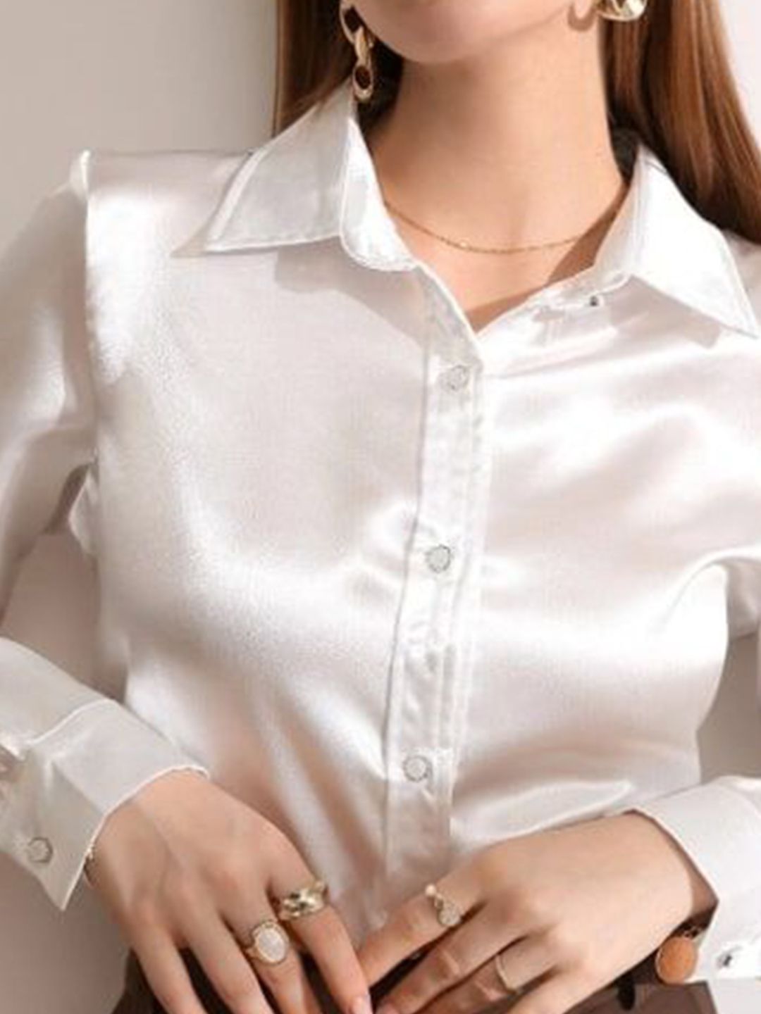 Women Comfort Spread Collar Solid Satin Casual Shirt - Image 2