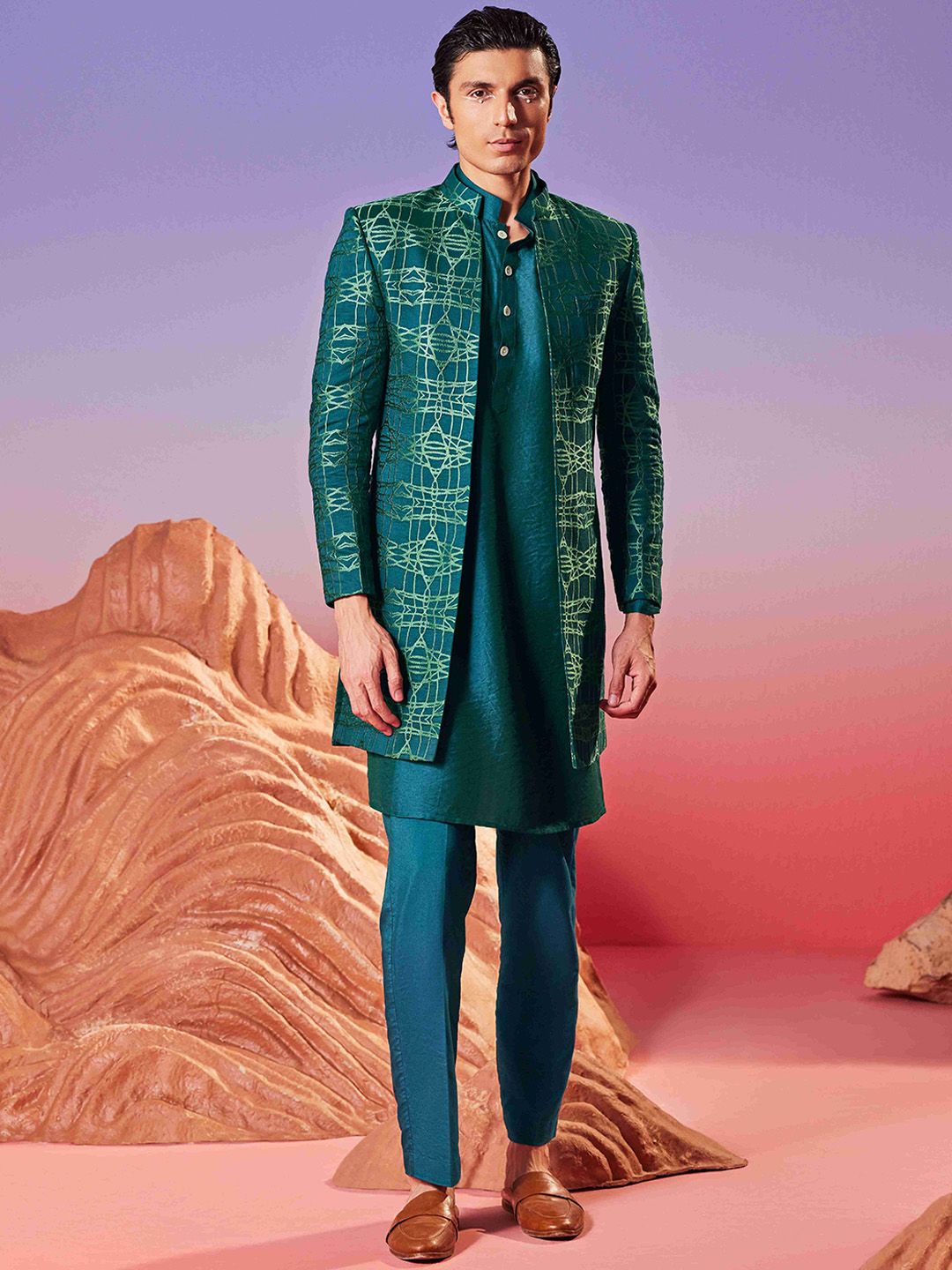 Eleven Brothers Men Sequinned Chanderi Silk Anarkali Kurta