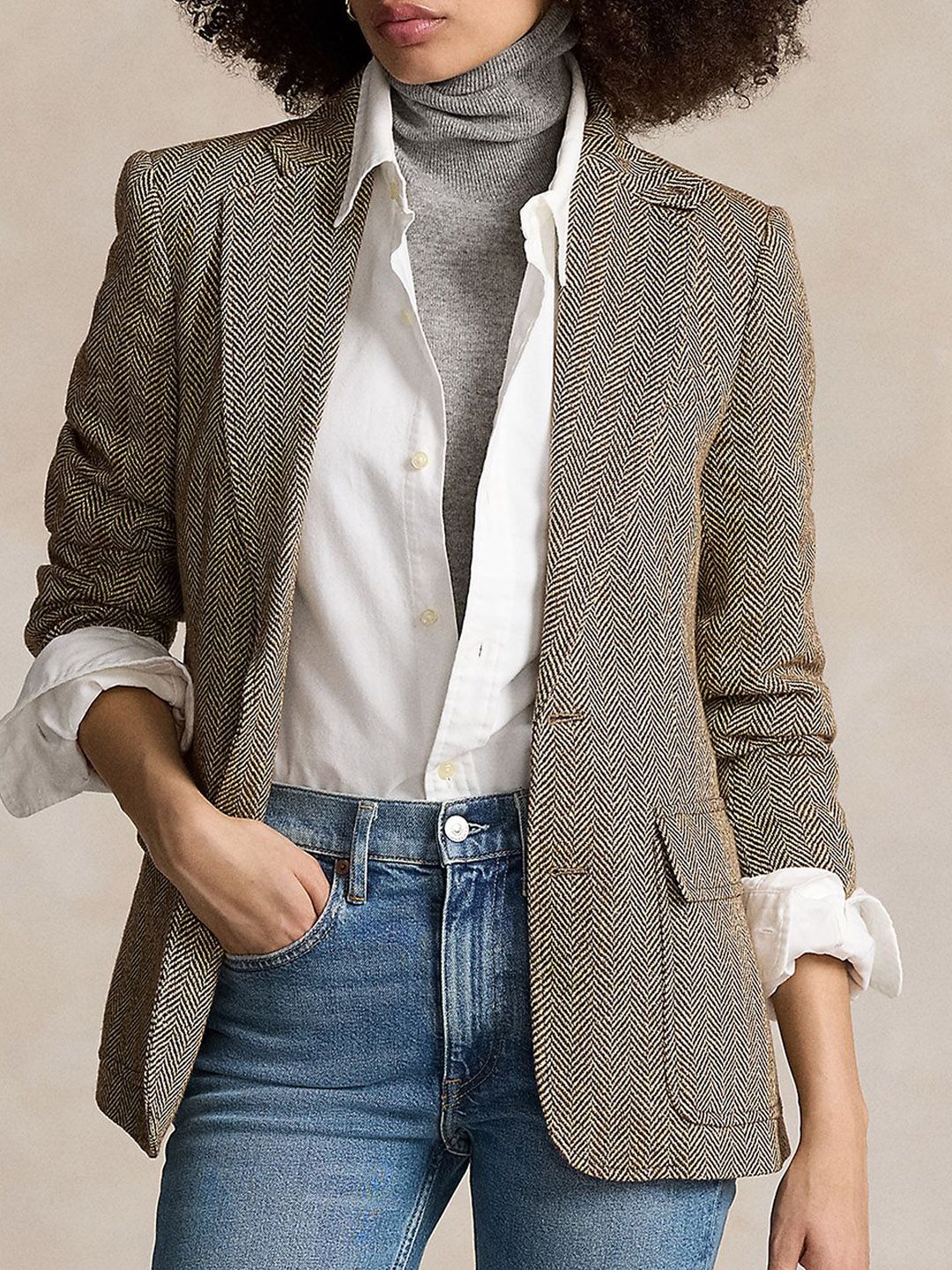 Polo Ralph Lauren Herringbone Textured Notched Lapel Collar Single Breasted Casual Blazer