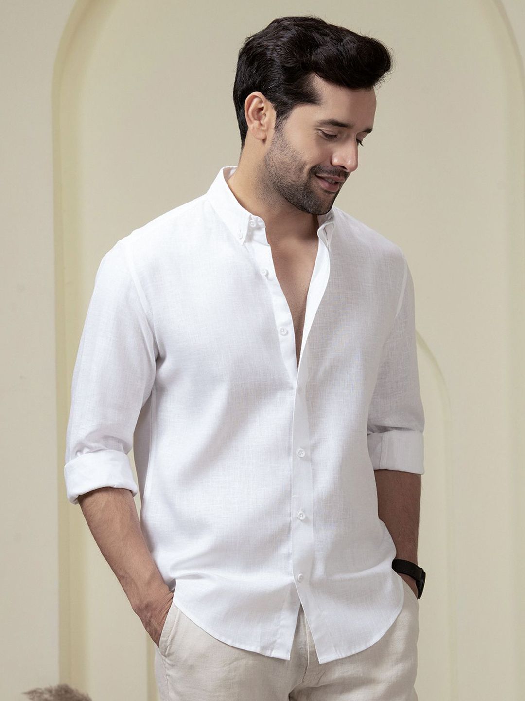 Perch Men White Linen Cotton Button Down Solid Shirt - Image 3