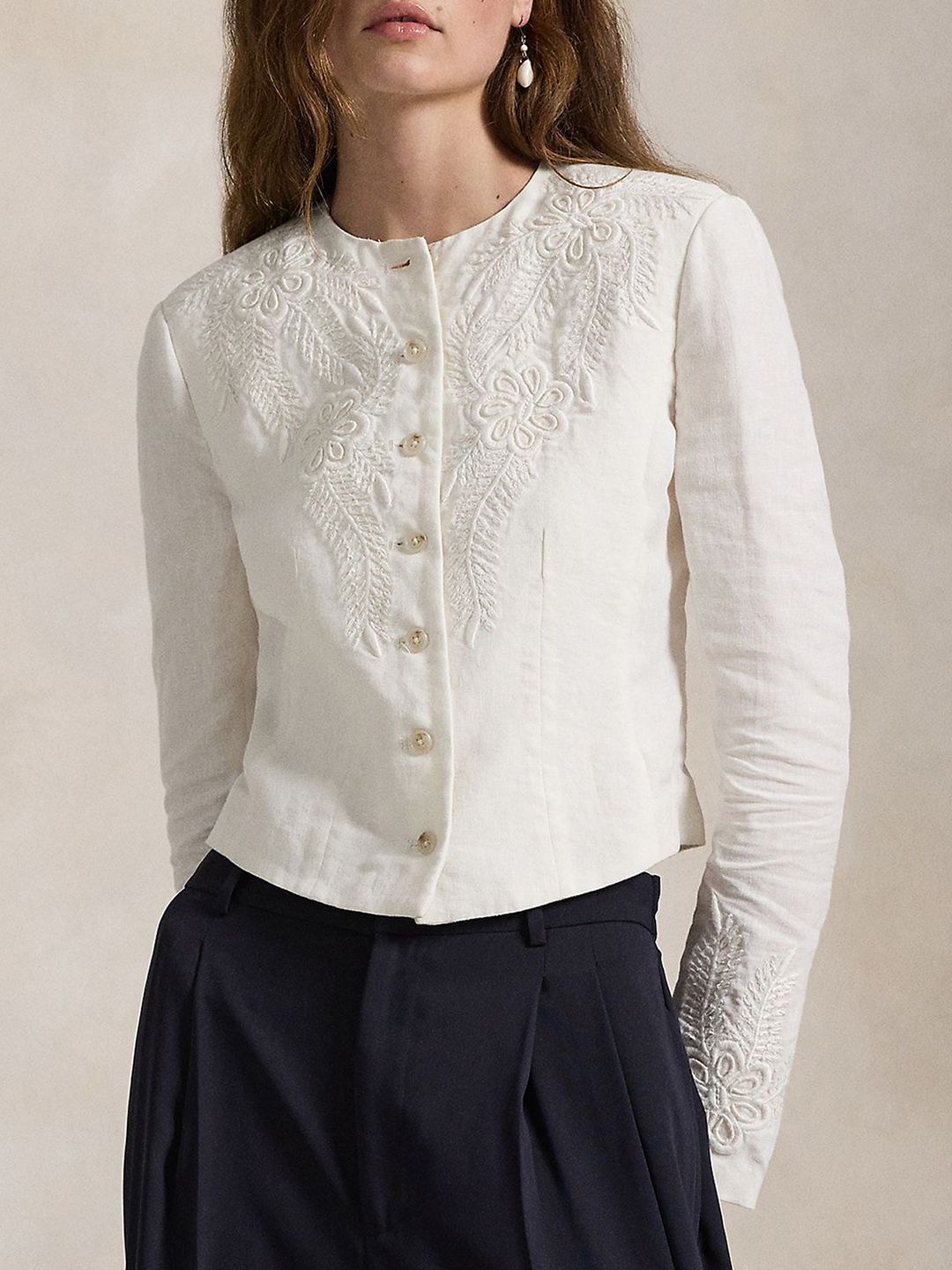 Women Collarless Floral Embroidered Linen Casual Tailored Jacket