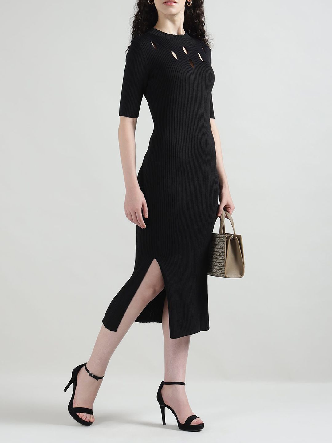 DKNY Women Short Sleeves Grated Yoke Sweater Bodycon Dress