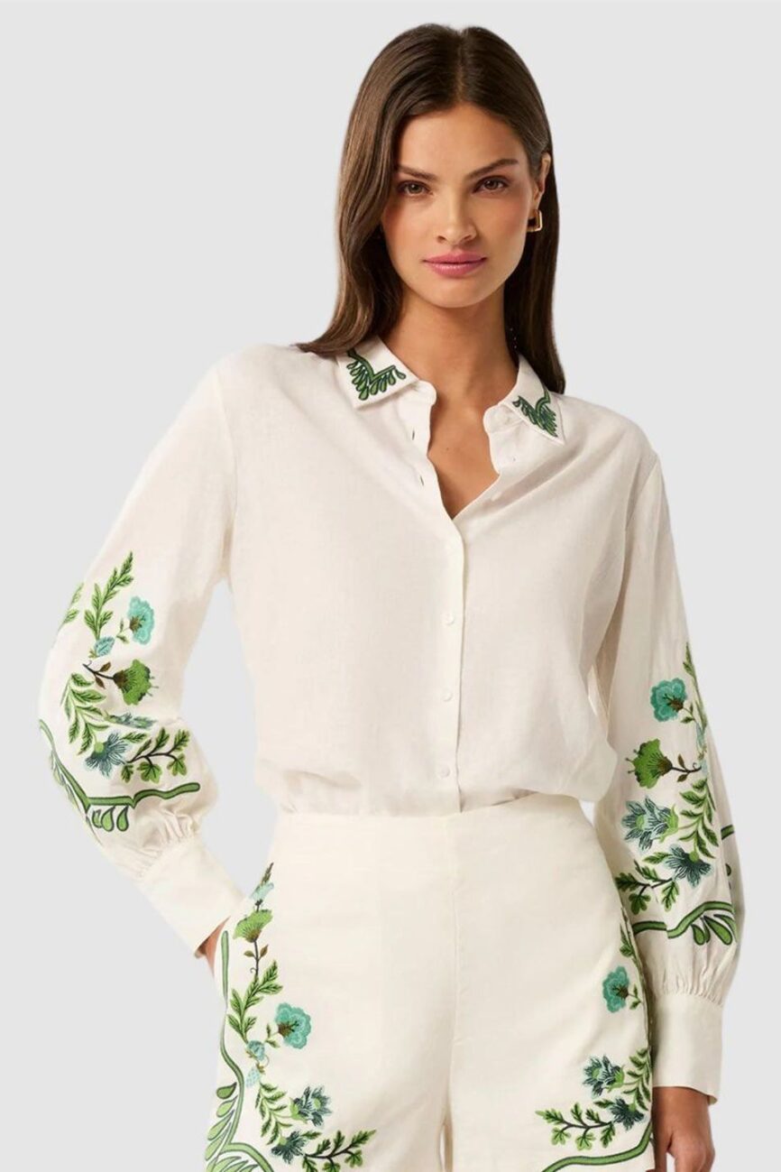 Floral Emroidered Thread Work Spread Collar Shirt