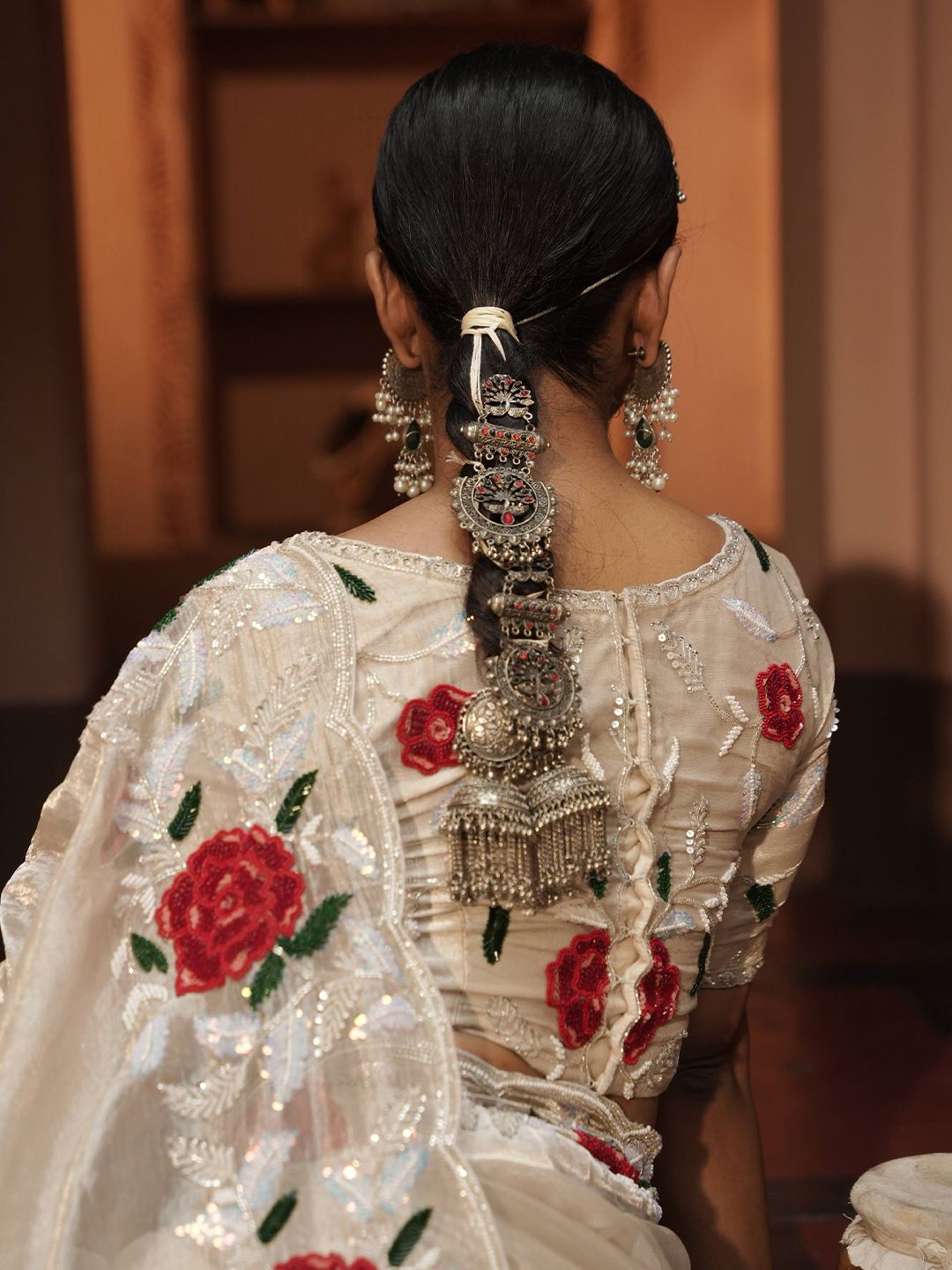 MIDUSHI BAJORIA Embellished Embroidered Beads and Stone Tissue Maheshwari Saree - Image 2