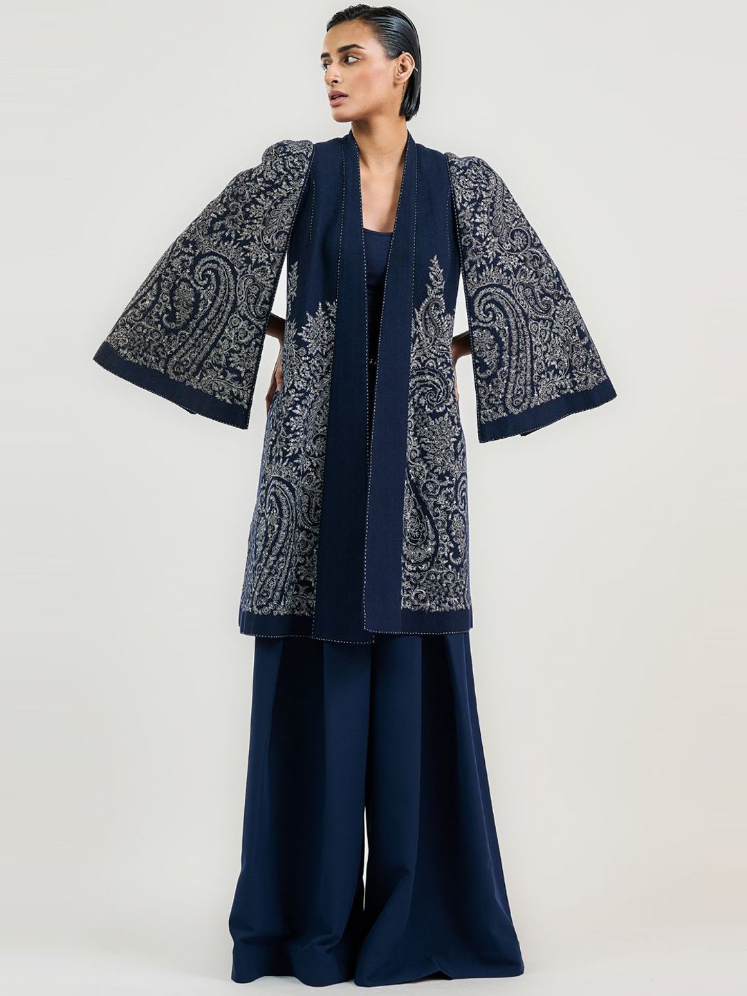 Floral Embroidered Longline Cotton Open Front Jacket