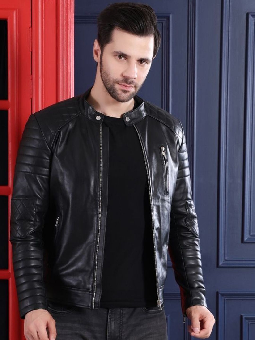 Mandarin Collar Water Resistant Leather Jacket - Image 4