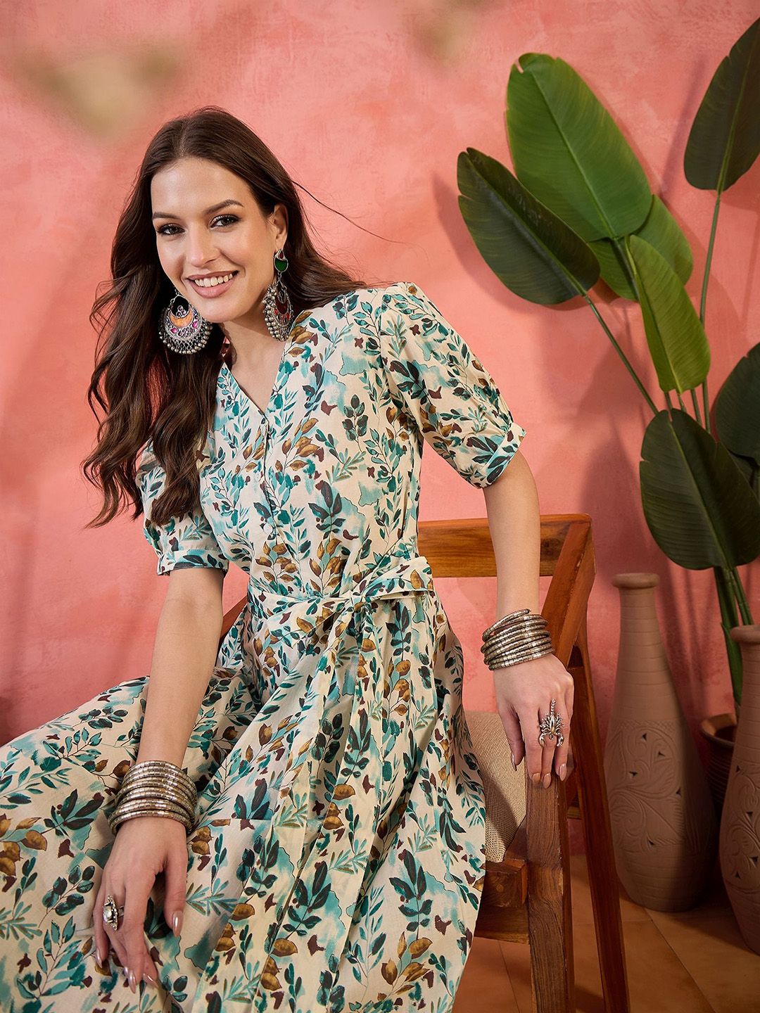 Floral Printed V-Neck Puff Sleeves Pure Cotton A-Line Ethnic Dress