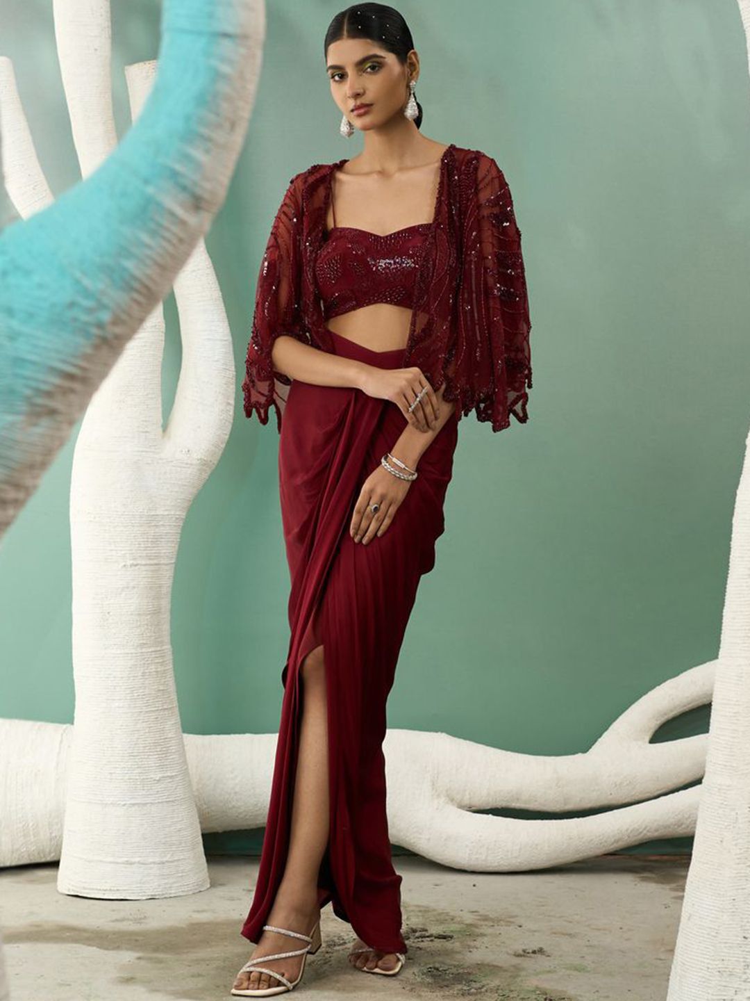 Embroidered Top With Maxi Drape Skirt & Shrug - Image 3