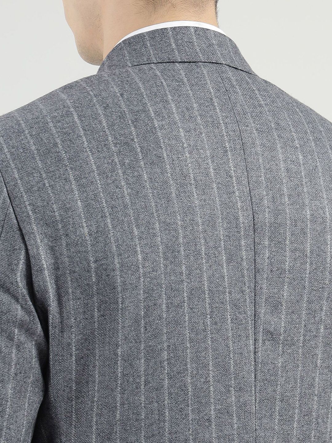 Men Striped Notched Lapel Woolen Open Front Blazers - Image 4