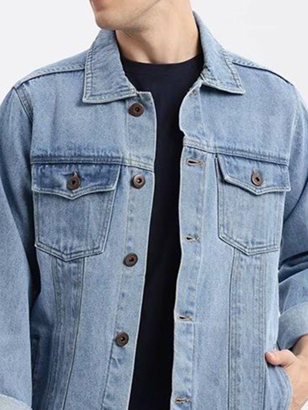 Spread Collar Long Sleeves Regular Fit Denim Jacket