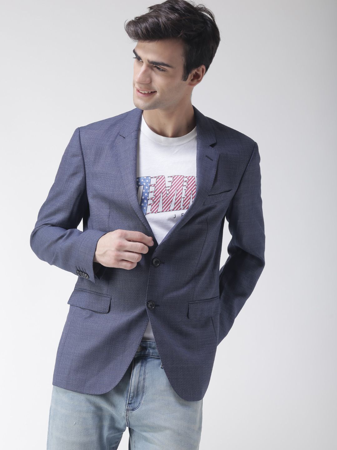 Men Blue Textured Single-Breasted Woollen Casual Blazer