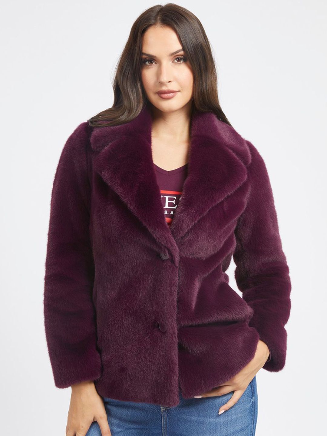 GUESS Women Solid Lapel Collar Biker Jacket