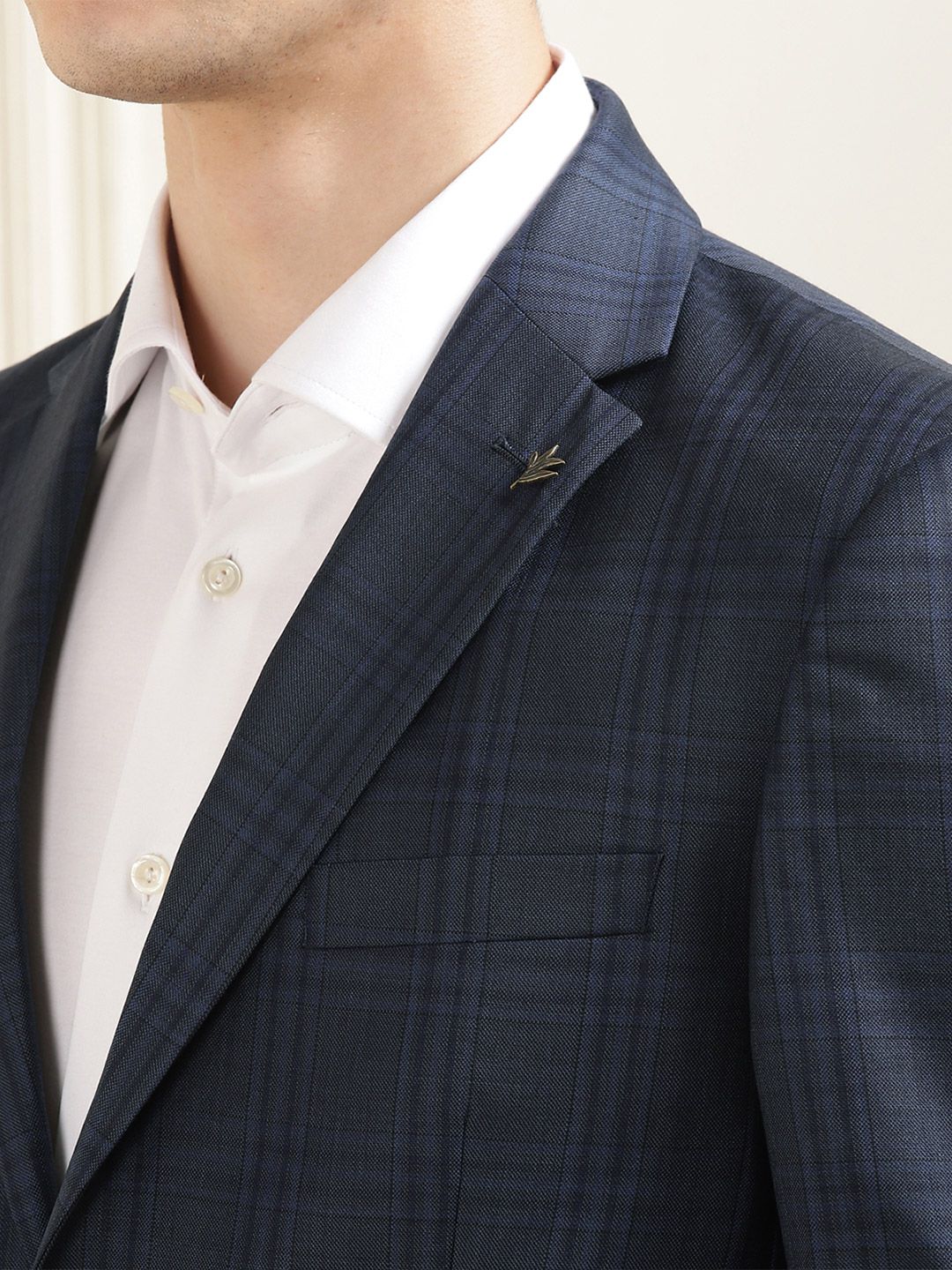 Checked Notched Lapel Collar Single-Breasted Woolen Formal Blazer - Image 3