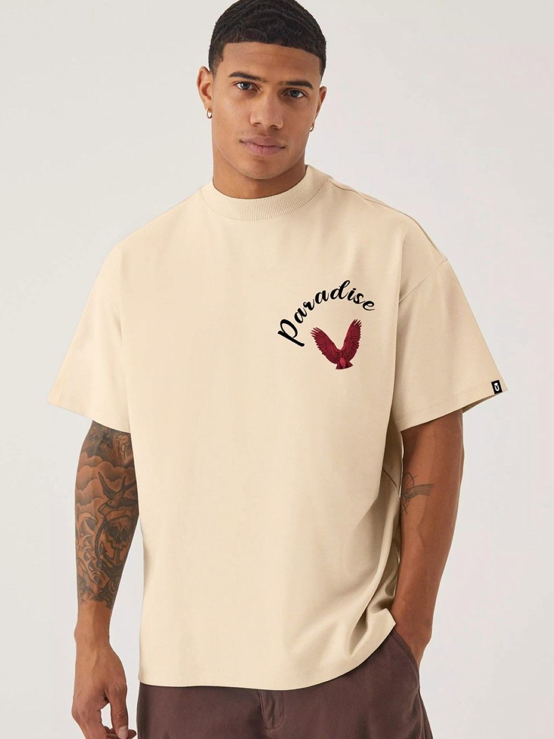 Men Beige Graphic Printed Oversized T-shirt - Image 3