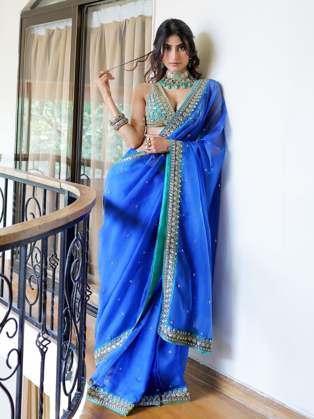 Foram Patel Foram patel Blue Embroidered Organza Saree Set