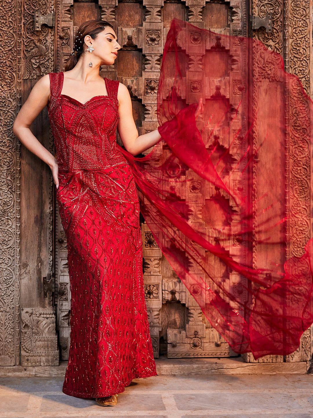 Mehak Murpana Embroidered Square Neck Sleeveless Net Maxi Dress