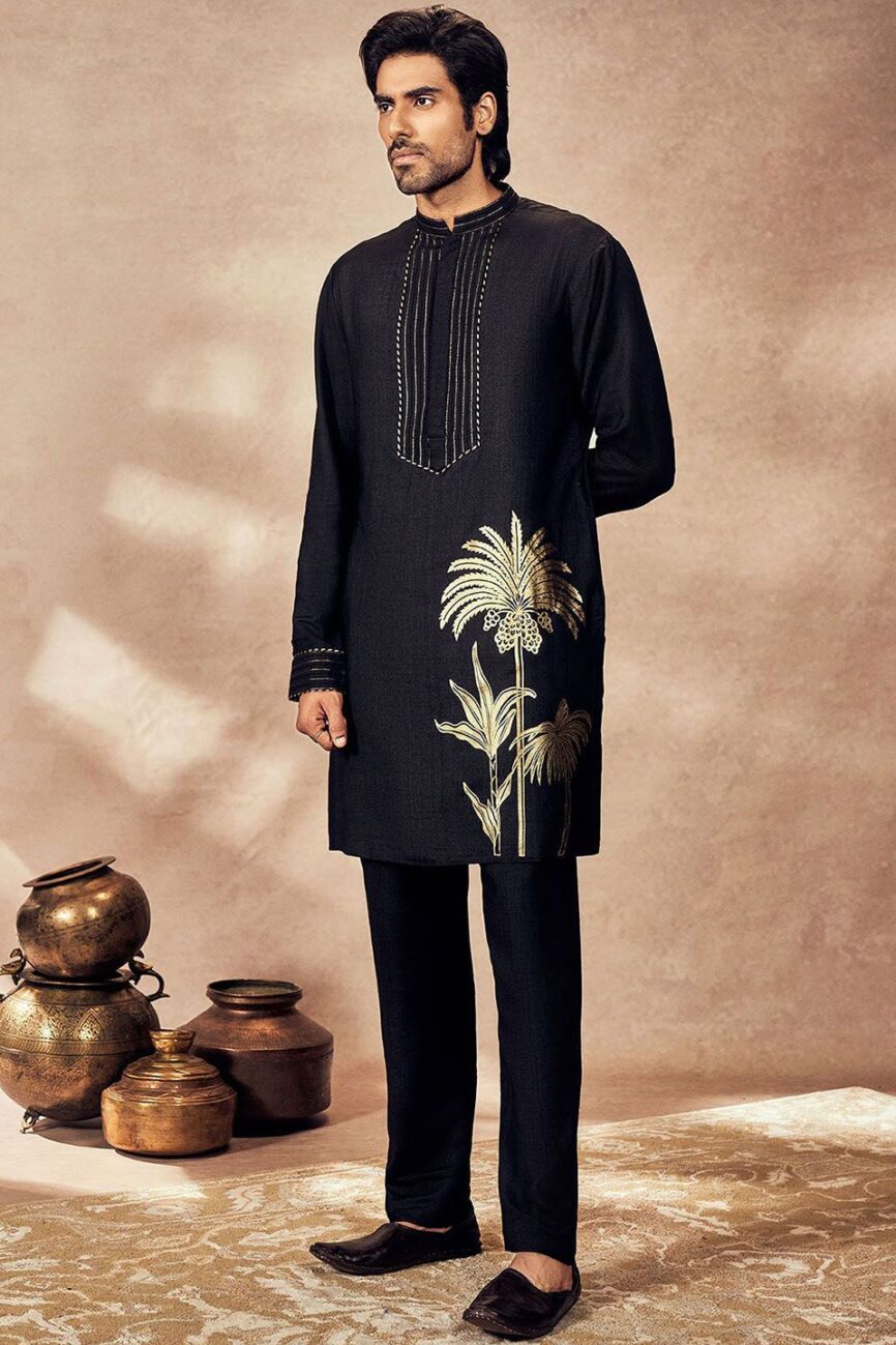 Floral Printed Mandarin Collar Thread Work Straight Kurta