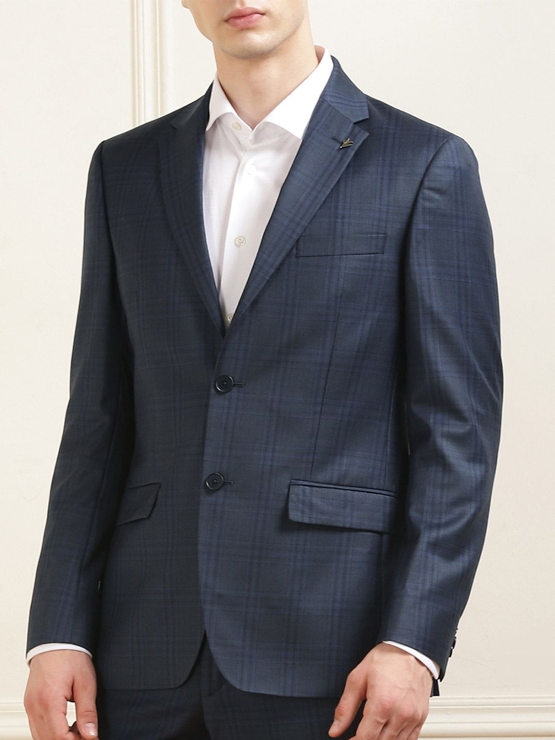 Checked Notched Lapel Collar Single-Breasted Woolen Formal Blazer - Image 2