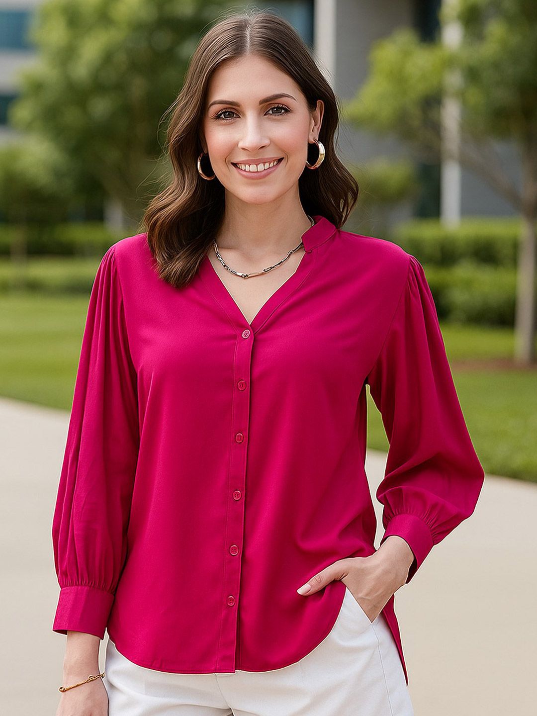 Fuchsia Classic Mandarin Collar Casual Shirt