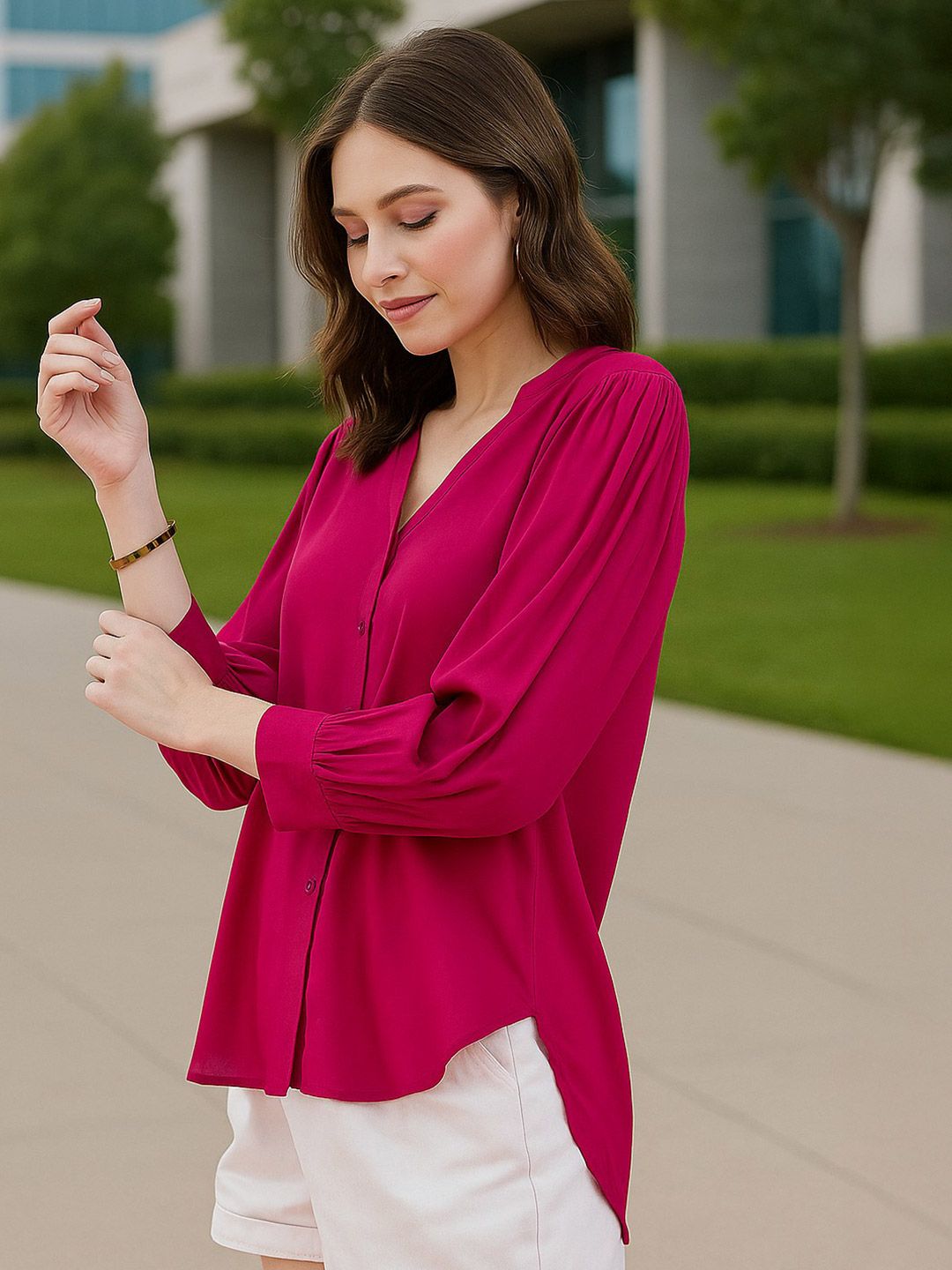 Fuchsia Classic Mandarin Collar Casual Shirt - Image 2