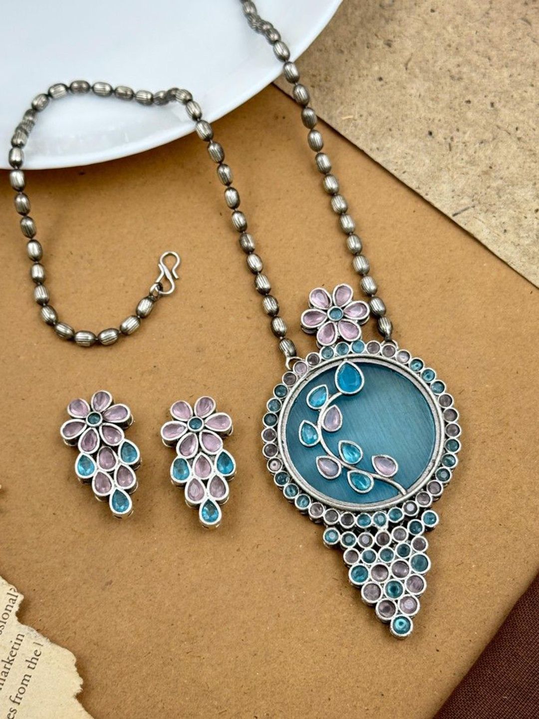 Silver-Plated Stone Studded Oxidised Jewellery Set