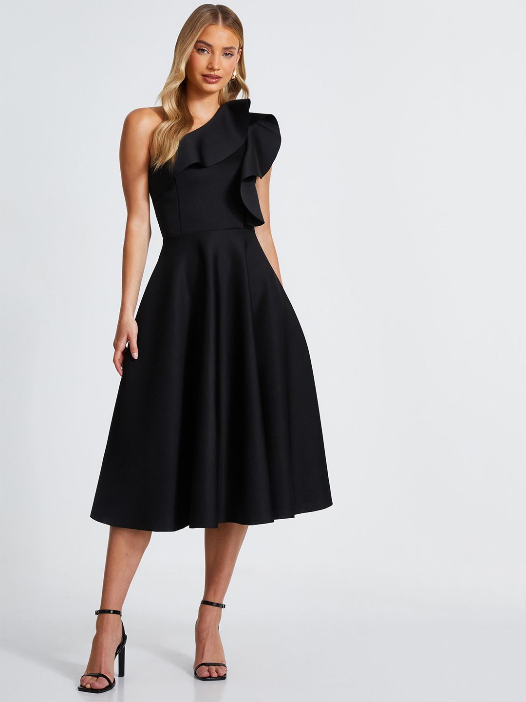 Women One Shoulder Ruffled Fit & Flare Midi Dress