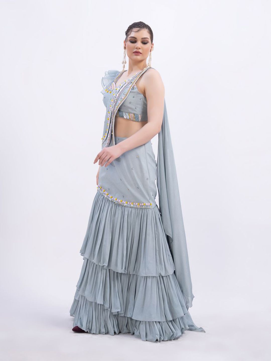 MERGE DESIGN Embellished Beads & Stones Pure Chiffon Lehenga Saree